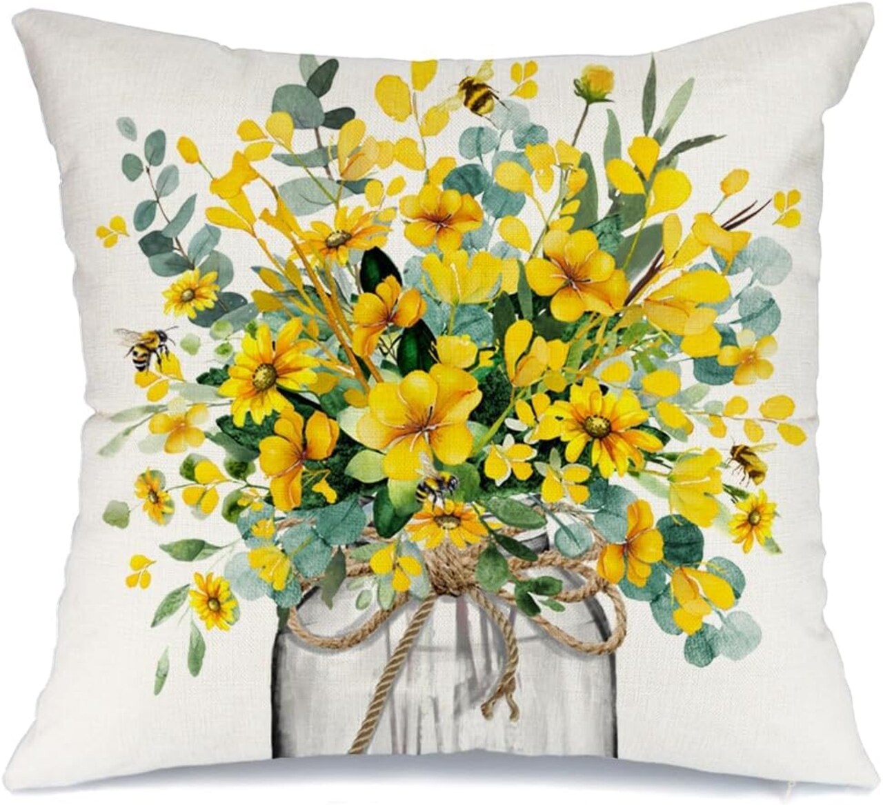 Summer Pillow Cover 18x18 Inch Eucalyptus Flowers Decor Vase Bee Farmhouse Seasonal Pillow Case Decorations for Home Sofa Couch AA509-18